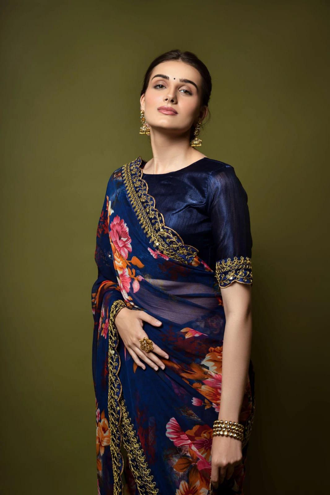 Beautiful Flower print with embroidery cut work lace Saree